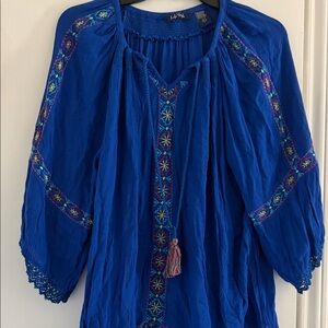 Embroidered Royal Blue Peasant Tunic with Tassel Tie